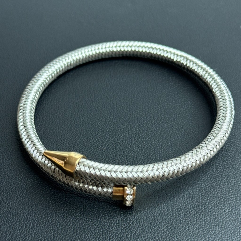 Nail Head Bangle Cuff Bracelet Mesh Stainless Steel Pave Crystals Gold Tone